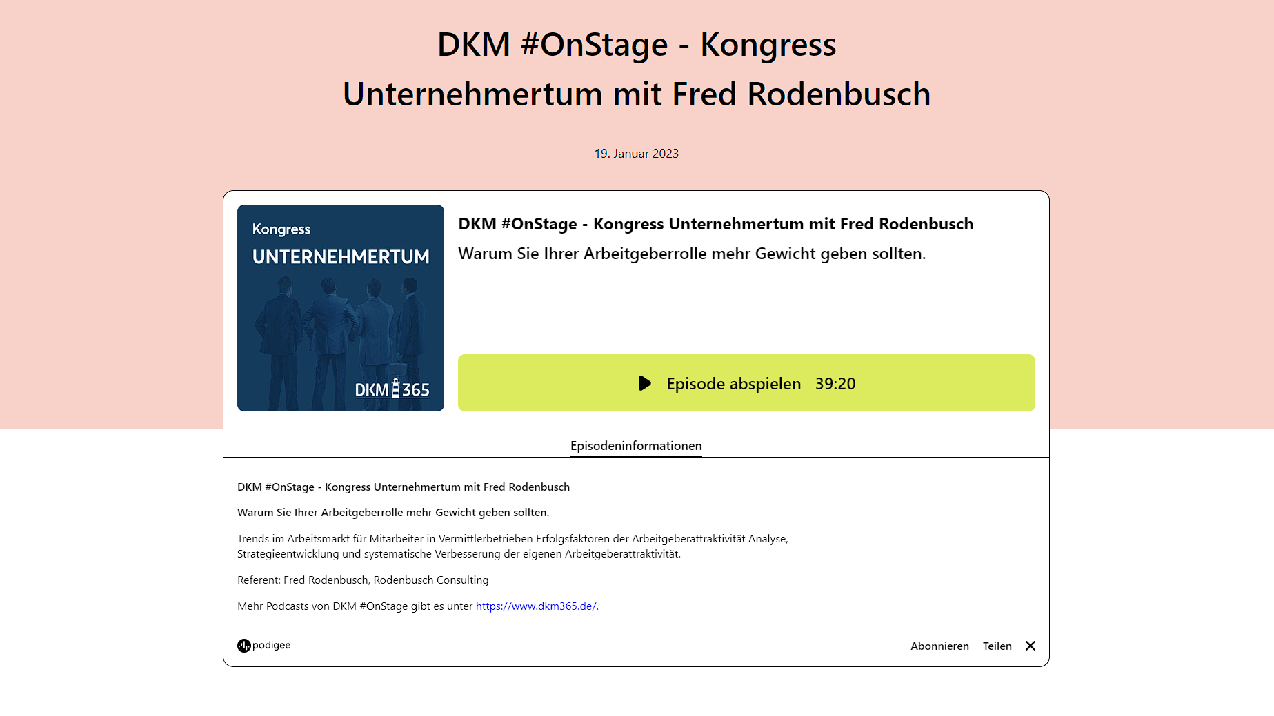 DKM OnStage, Kongress Unternehmertum mit Fred Rodenbusch. Veranstaltungsplakat.